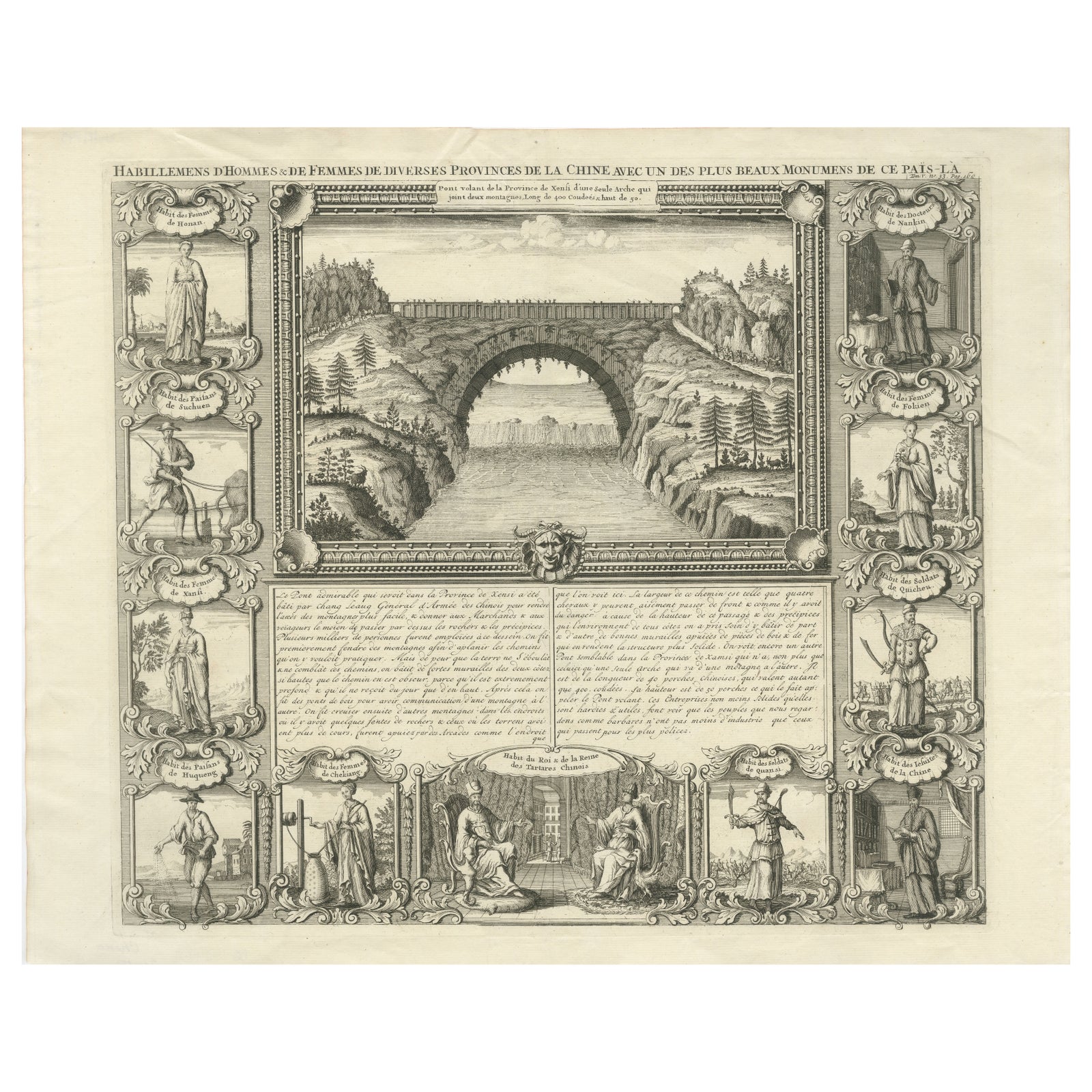 Antique China Costume & Xensi Bridge Engraving, Chatelain, 1719