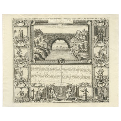 Antique China Costume & Xensi Bridge Engraving, Chatelain, 1719