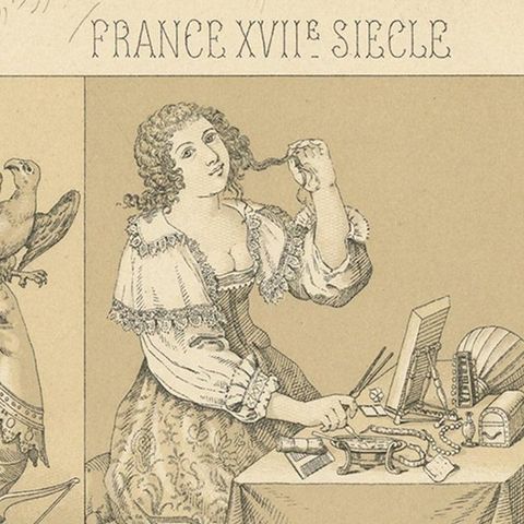Pl. 100 Antique Print of French XVIIth Century Costumes by Racinet, circa 1880, close-up 1