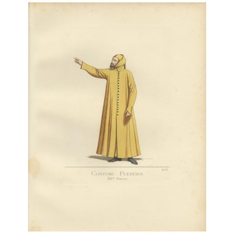 Antique Print of a Plebeian Costume, Italy, 14th Century, by Bonnard, 1860