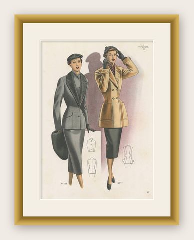 Original Vintage Fashion Print published in Ladies Styles, 1952, shown framed