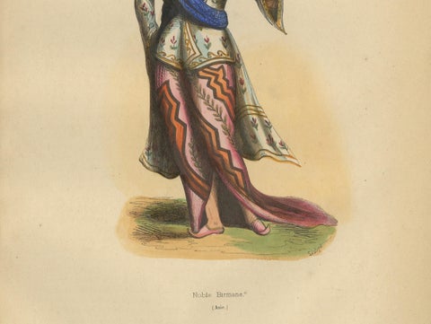 Exquisite 1844 Handcoloured Lithographs of Noble Birmans from Myanmar, close-up 1