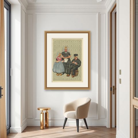 South Beveland Roman Catholic Dress with Girl and Grandfather, Plate XLII (1932), shown framed in a room
