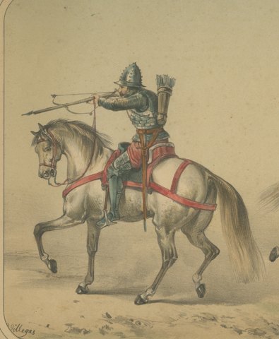 Spanish Mounted Crossbowman and Lancer by Villegas, Clonard Album, 1861, close-up 1