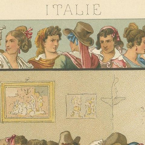 Pl. 171 Antique Print of Italian Costumes by Racinet, 'circa 1880', close-up 1