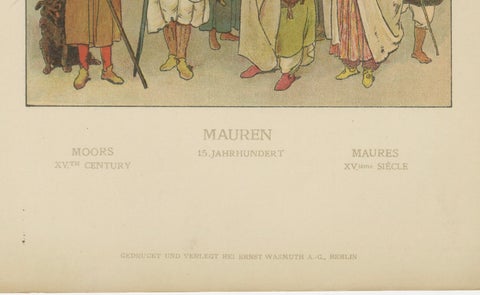 Hand-Colored 1900 Print of Moorish Costumes, 15th Century North Africa, ca.1880, close-up 4