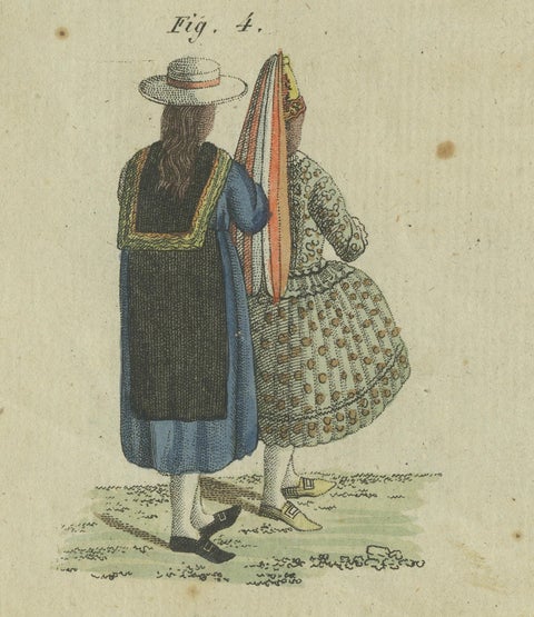 Elegant Costumes of 18th-Century Peru: Hand-Colored Engraving from Bertuch, 1805, close-up 1