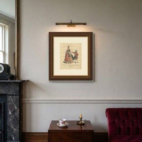 Marchioness of Belfont with a Page in 1700, Jefferys Costume Plate, 1757, shown framed on a wall