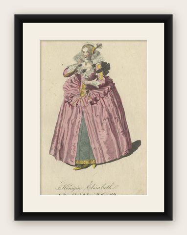 An Original Hand-Colored Antique Print of Queen Elizabeth in a 1651 Dress, 1805, shown framed