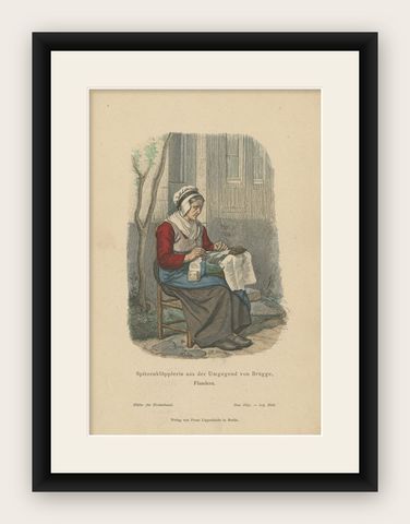 Antique Costume Print of a Lacemaker from Bruges, Flanders in Belgium, c.1880, shown framed