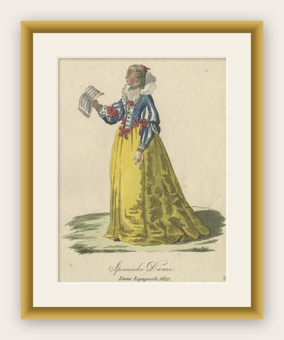 Original Colored Copper Engraving of a Lady from Spain in a 1620 Costume, 1805, shown framed