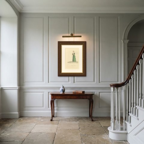 Lady of Rotterdam in a Green Gown, Antique Ackermann Print, 1817, shown framed in a room