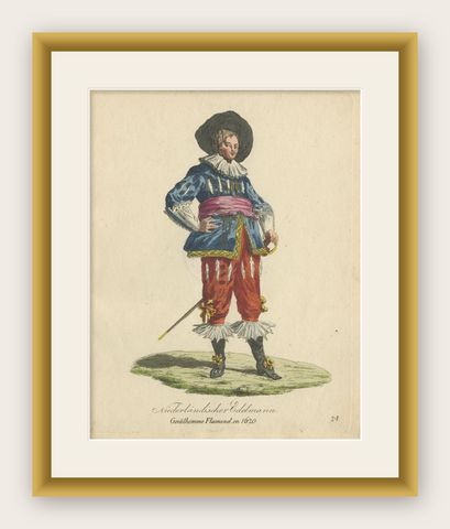 Rare Antique Hand-Colored Print of a Dutch Nobleman in 1620, Published in 1805, shown framed