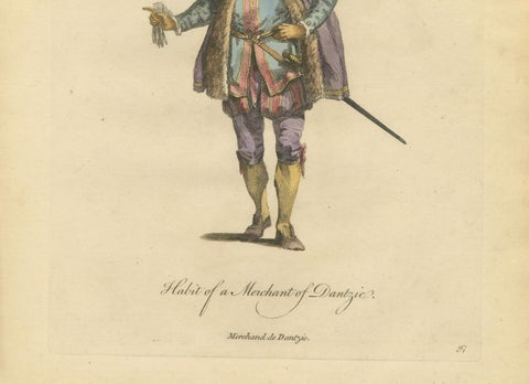 Danzig Merchant Costume Engraving, Polish Trade Figure, Hand-Colored, 1749, close-up 3