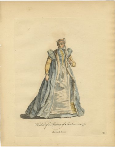 Matron of Swabia in Fur-Trimmed Blue Gown, Costume of 1577, Jefferys 1757, view 2