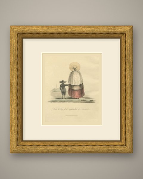 Woman and Boy near Amsterdam, Church Spire Beyond, Antique Print, 1817, shown framed