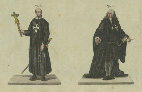 Knights Templar and Clergy: Hand-Colored Engraving of Historical Attire (1805), close-up 2