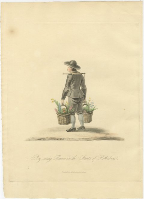 Boy selling Flowers in Rotterdam, Daffodil Baskets, Antique Print, 1817, view 2