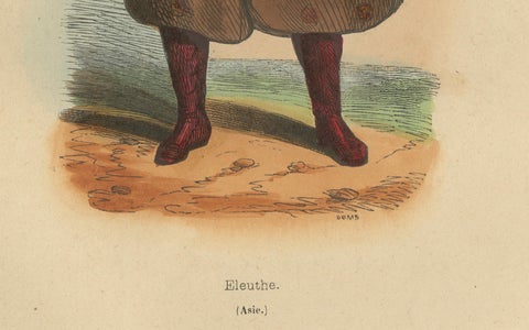 Traditional Eleuth Warrior Attire in 1844 Hand-Colored Lithograph, close-up 2