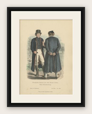Antique Costume Print of Farmers from the Region of Lebus, Poland, c.1880, shown framed
