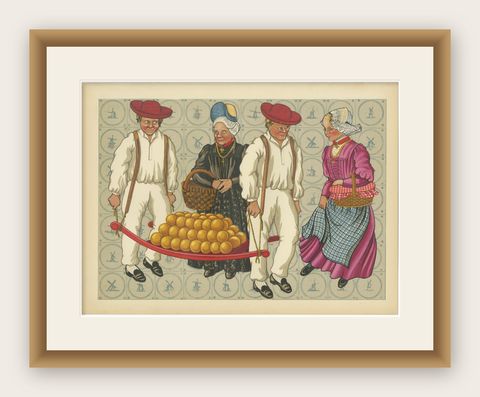 Traditional Market Day Costumes and Cheese Porters of West Friesland, c.1930, shown framed