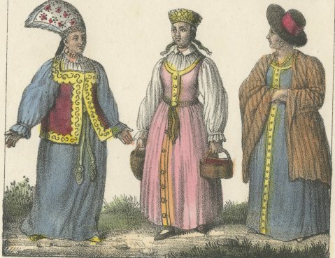 Kaluga Merchant and Wife, a Russian Peasant and Women of Valdai, 1842, close-up 2
