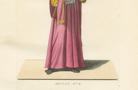 Antique 1845 Hand-Colored Engraving of Medieval Singer in Pink Robe, France, close-up 2