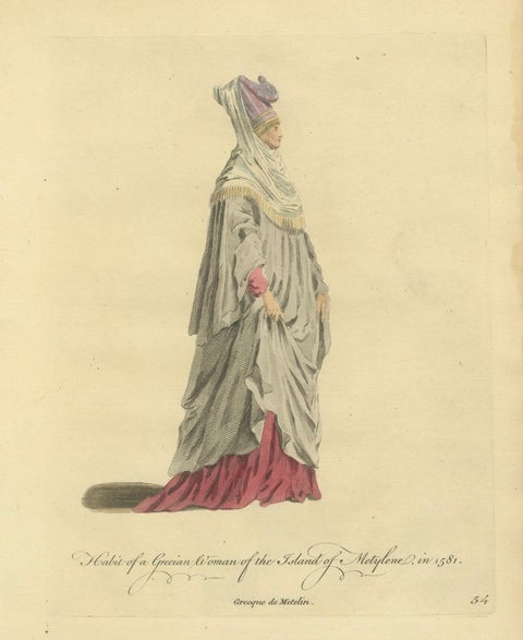 Grecian Woman of Meteline Costume Print, Hand-Colored Jefferys 1749, close-up 1