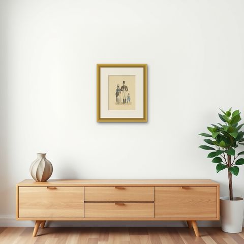 Costume de Printemps, Elegant Early 19th-Century French Fashion Engraving, shown framed on a wall
