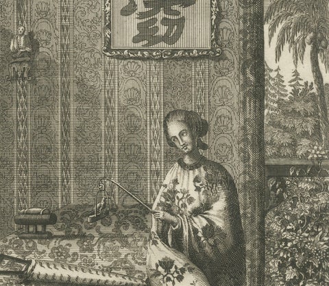 Antique Chinese Court Costume Engraving, Emperor & Palace Ladies, ca.1720, close-up 4