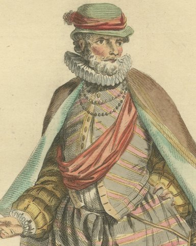 Gentleman of Burgundy in Striped Doublet and Lined Cloak, Costume of 1581, 1757, close-up 1