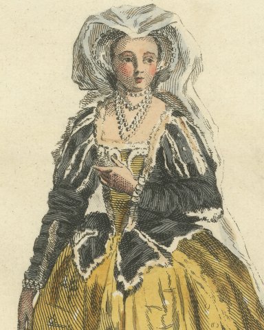 Eltruda in the Masque of Alfred, Georgian Stage Costume, Jefferys Print, 1757, close-up 1