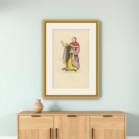 The Esteemed Jurist: A Magistrate's Robe in an Original Lithograph, 1847, shown framed on a wall