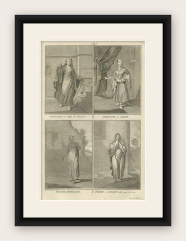 African and Moorish Women in Traditional Dress, Rare 1734 Costume Engraving, shown framed