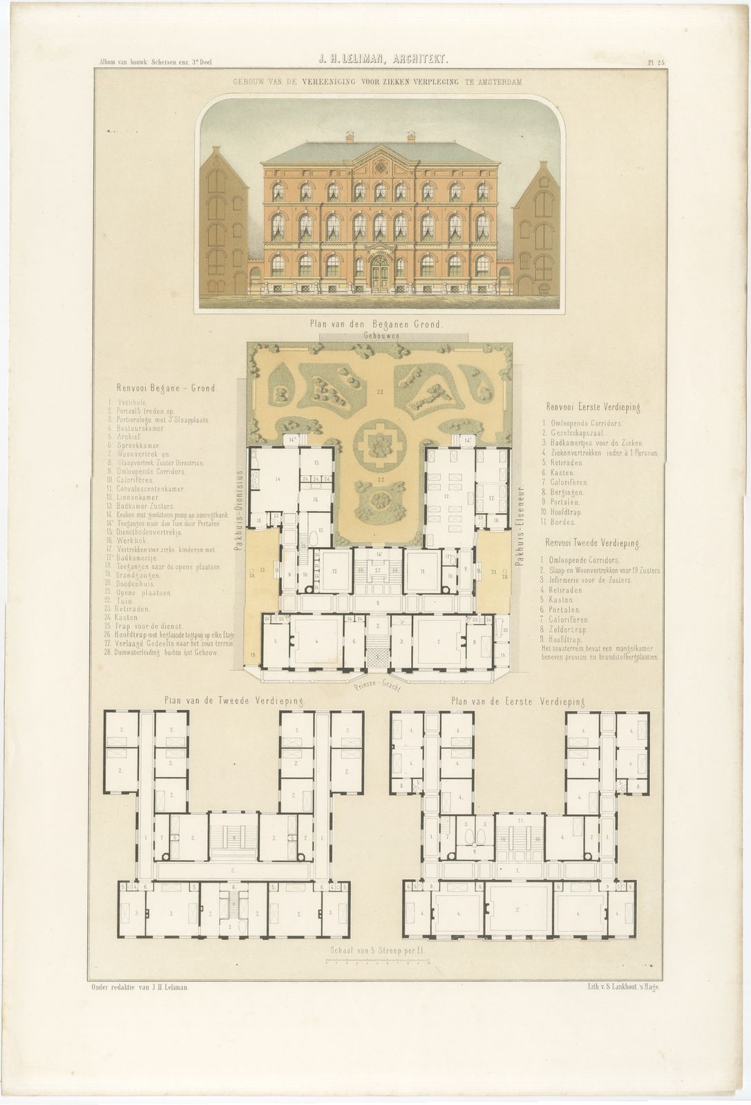 Prinsengracht Hospital, Amsterdam, Dutch Architecture Print, Leliman, 1865-1866, view 2