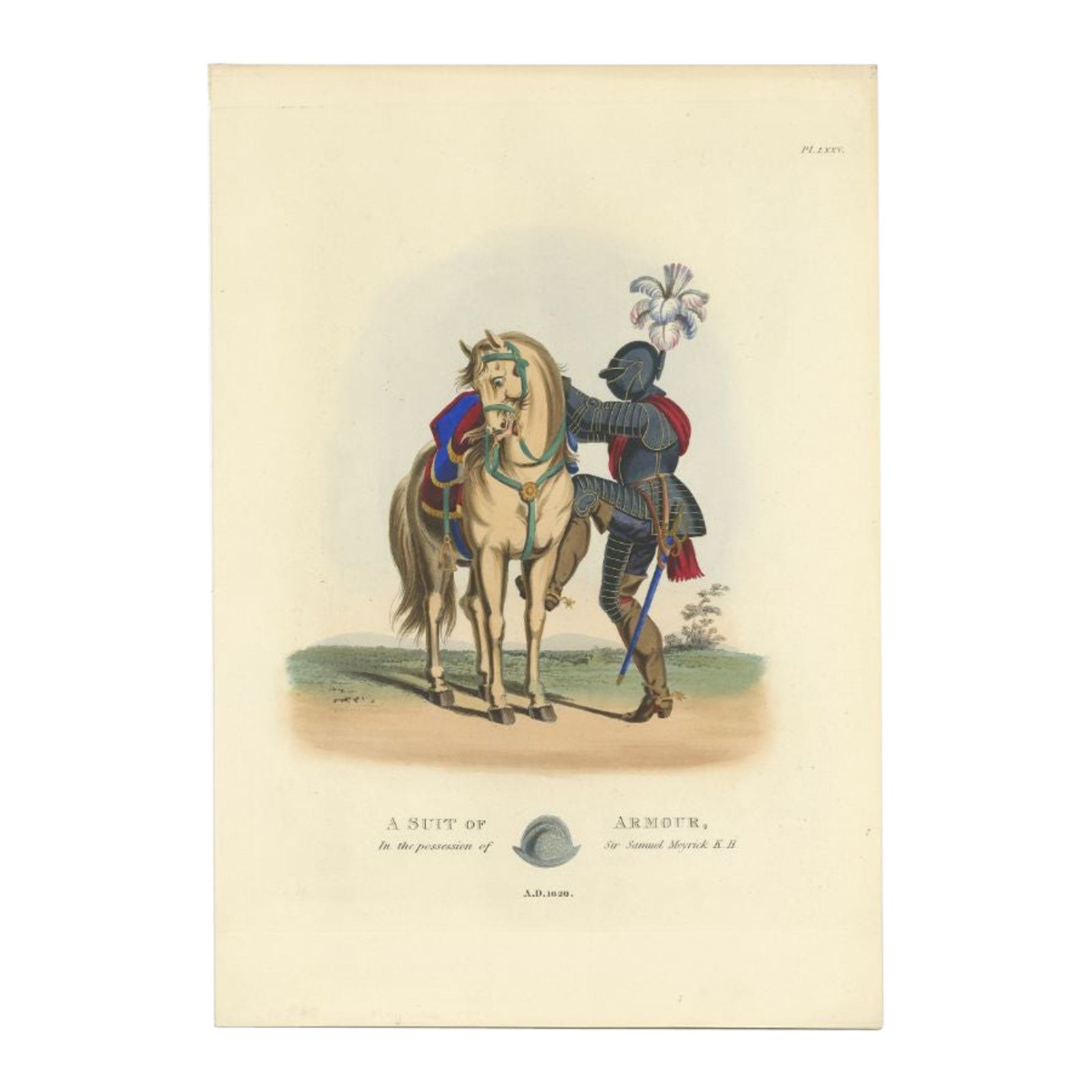 Original Handcolored Antique Print of a Suit of Armor, '1842'