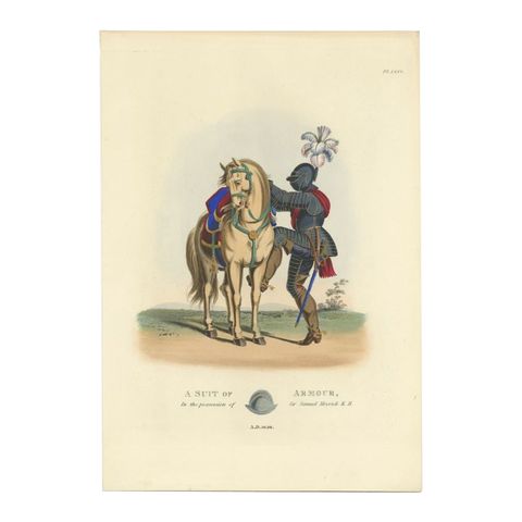 Original Handcolored Antique Print of a Suit of Armor, '1842'