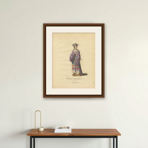 Lady of China in Court Attire, Antique Print, Jefferys, 1749, shown framed on a wall