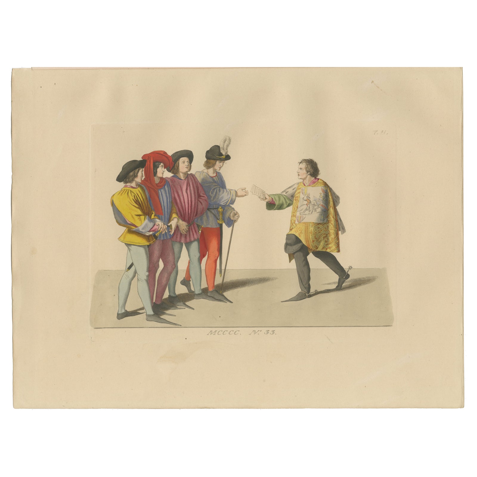 Medieval Messengers & Courtiers, Elegant Hand-Colored Antique Print, France 1845