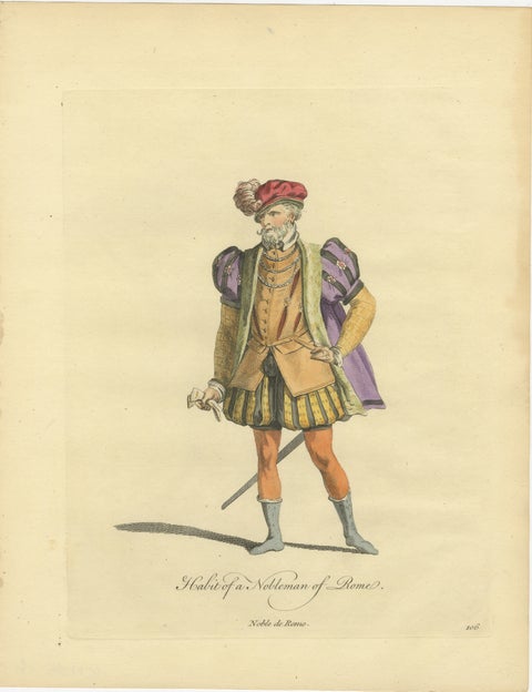 Roman Nobleman Costume Engraving, Renaissance Court Dress, Hand-Colored, 1749, view 2