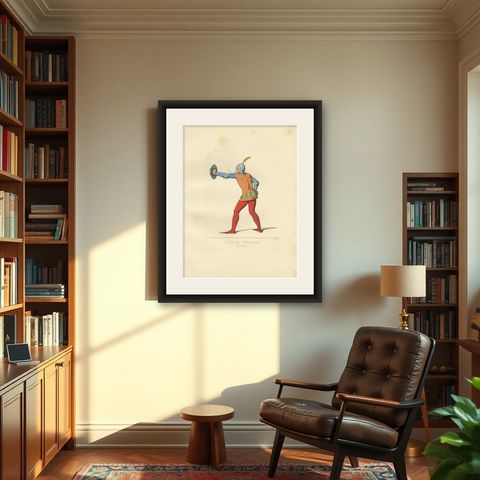 Antique Print of a 14th Century Italian Military Costume by Bonnard, 1860, shown framed in a room