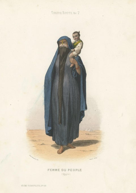 Antique Costume Print of a Woman with Child, from Egypt, 1850, view 4