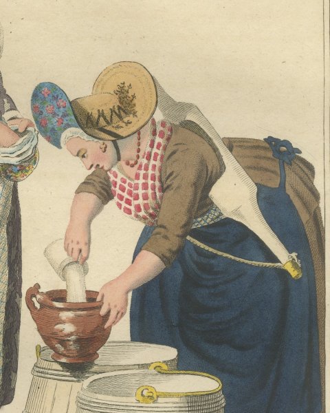 Milk Measuring at the Door, Dutch Costume Print, Maaskamp, 1811, close-up 2