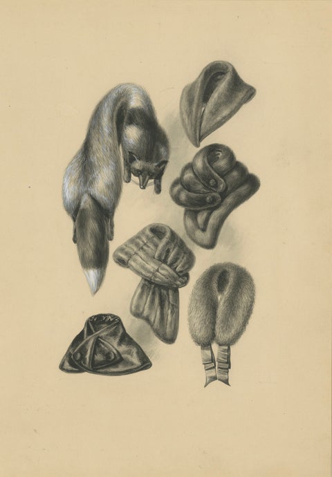 French Art Nouveau Fashion Design of Fur Collars and Stoles, c.1910, close-up 2