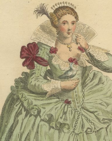 Habit of Queen Elizabeth from Holbein in 1551, Jefferys Costume Plate, 1757, close-up 1