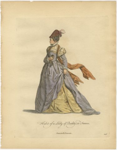 Lady of Quality in France with a Striped Toque, Jefferys Costume Plate, 1757, view 2