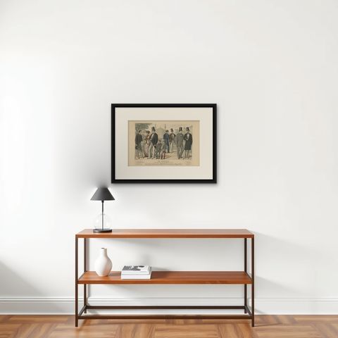 Antique Fashion Print of Men, Children and a Woman in the 19th Century, shown framed on a wall