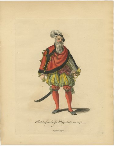 Swiss Magistrate in Red Cape with Curved Sword, Costume of 1577, Jefferys 1757, view 2
