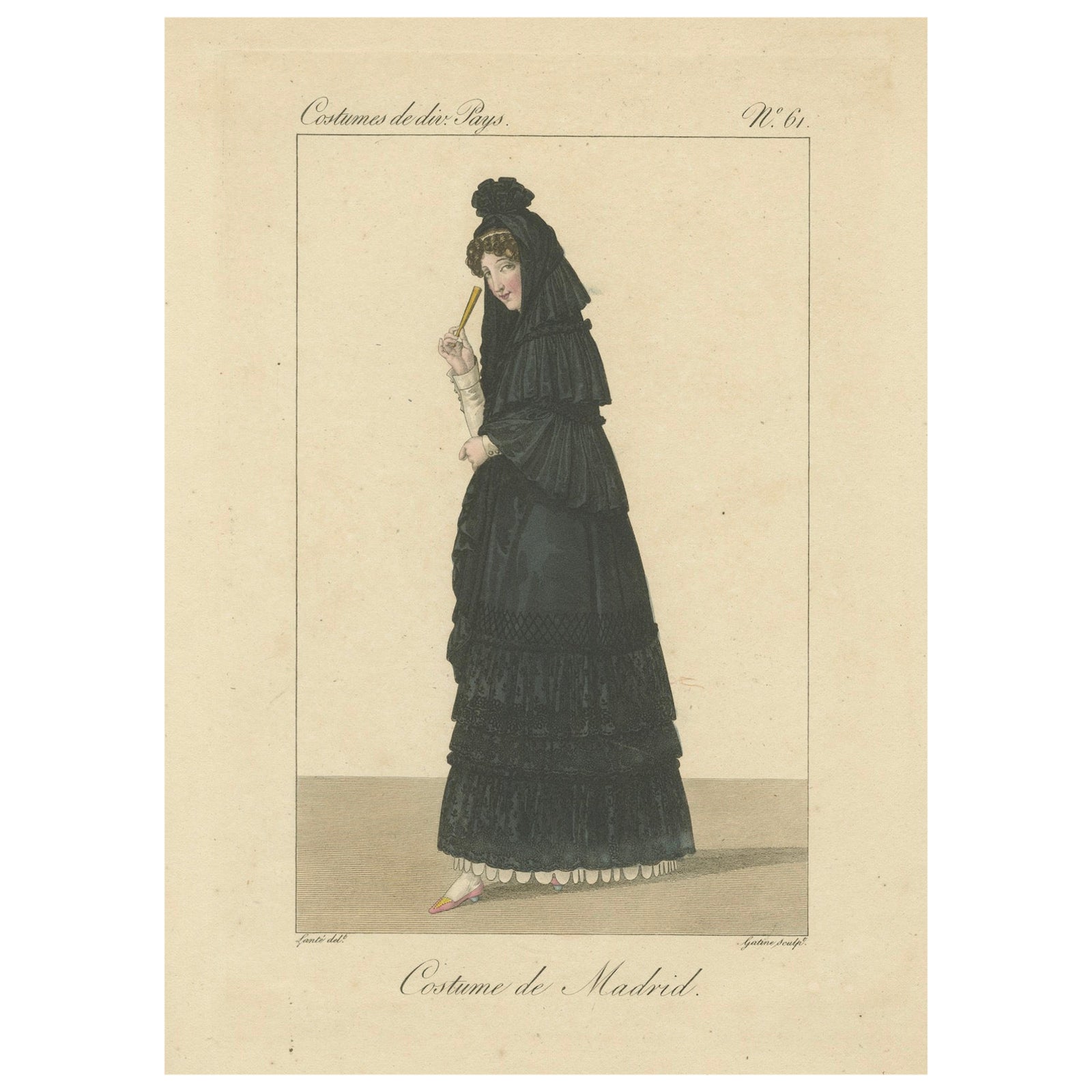 Woman in Traditional Madrid Dress, Hand-Colored Engraving, c.1820