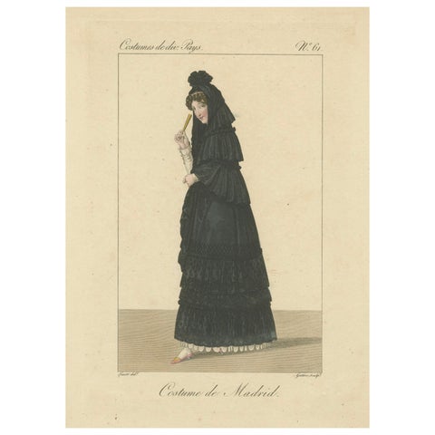 Woman in Traditional Madrid Dress, Hand-Colored Engraving, c.1820